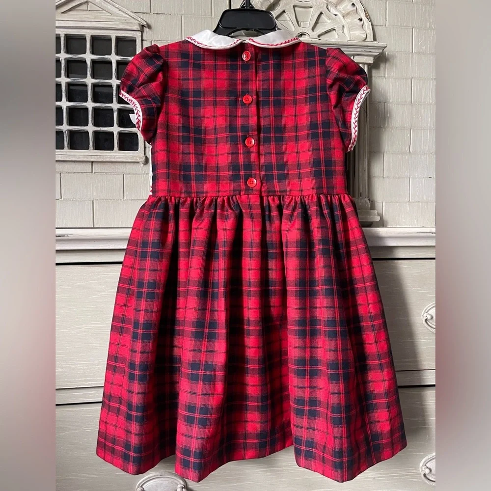 Rachel Riley Girls Gingerbread Tartan Puff Sleeve Smocked Holiday Dress, Red - Picture 12 of 15